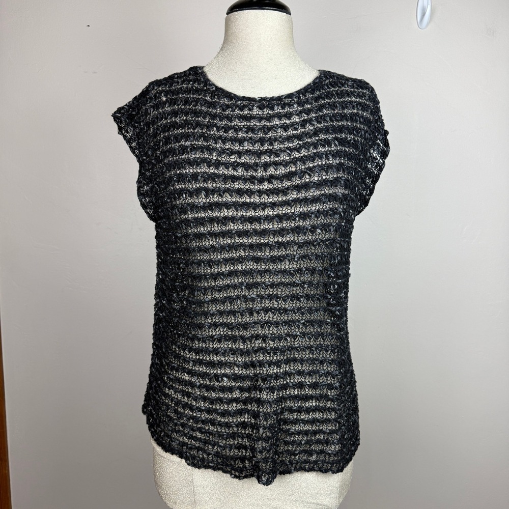 Eileen Fisher Knit Top Women S Black Organic Linen Cotton Italian Yarn Mesh READ